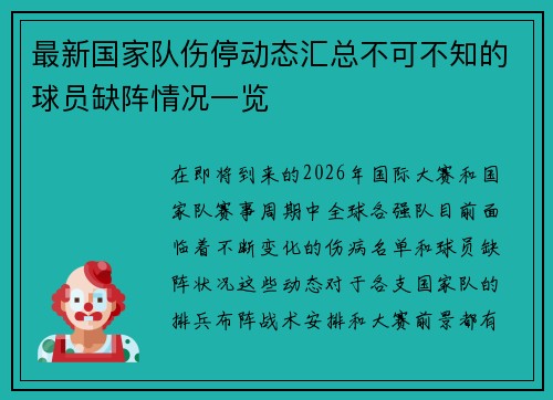 最新国家队伤停动态汇总不可不知的球员缺阵情况一览