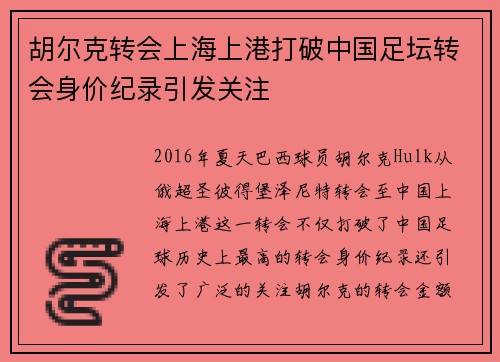 胡尔克转会上海上港打破中国足坛转会身价纪录引发关注 胡尔克转会上海上港打破中国足坛转会身价纪录引发关注